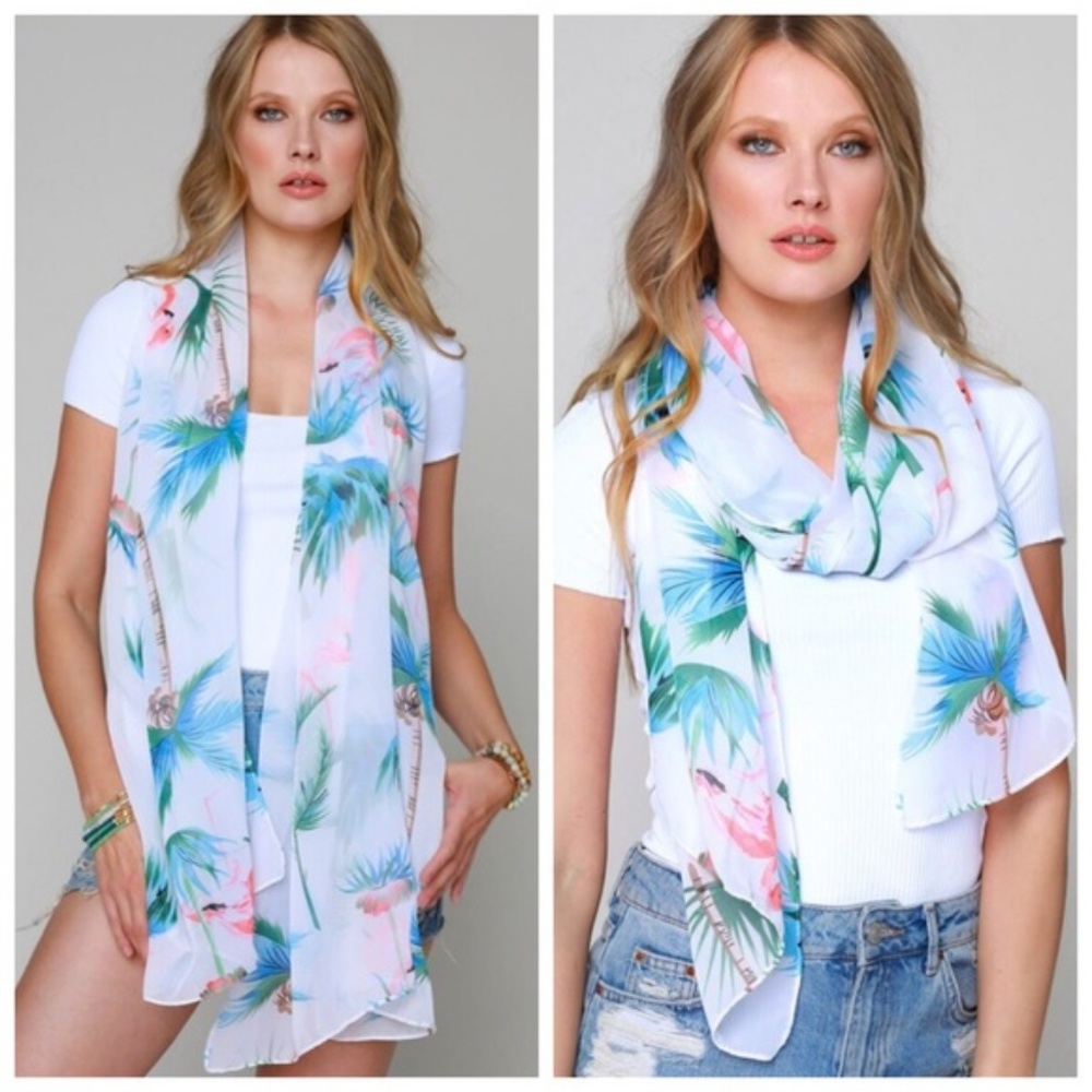 White tropical flamingo print light scarves - Picture 2 of 2